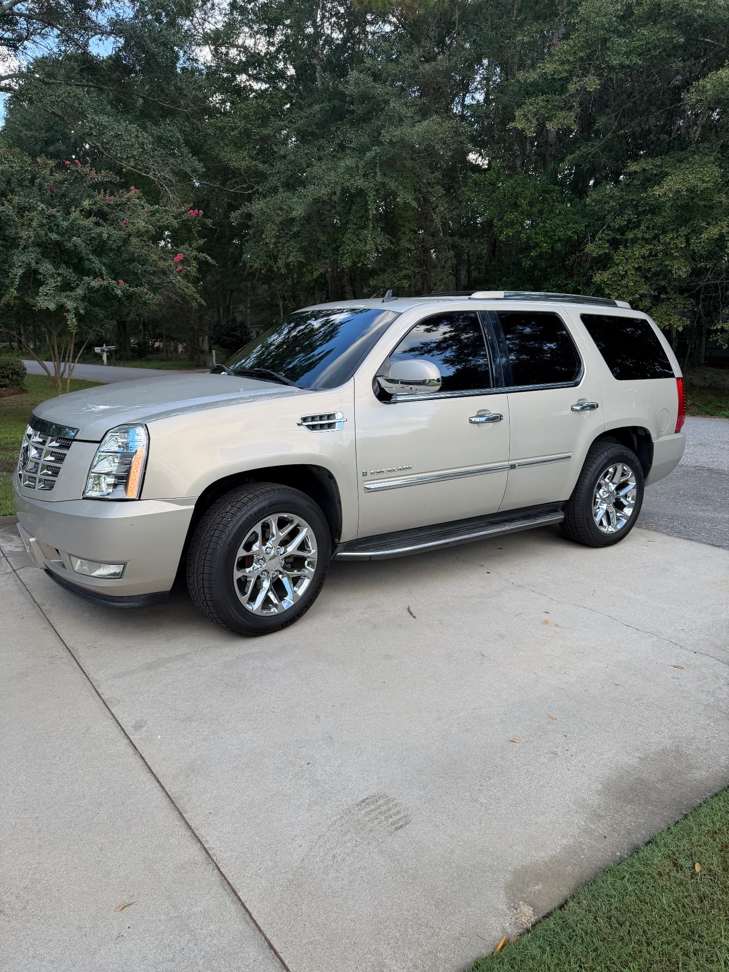 Light-colored Cadillac Escalade with dark tinted windows parked on a driveway