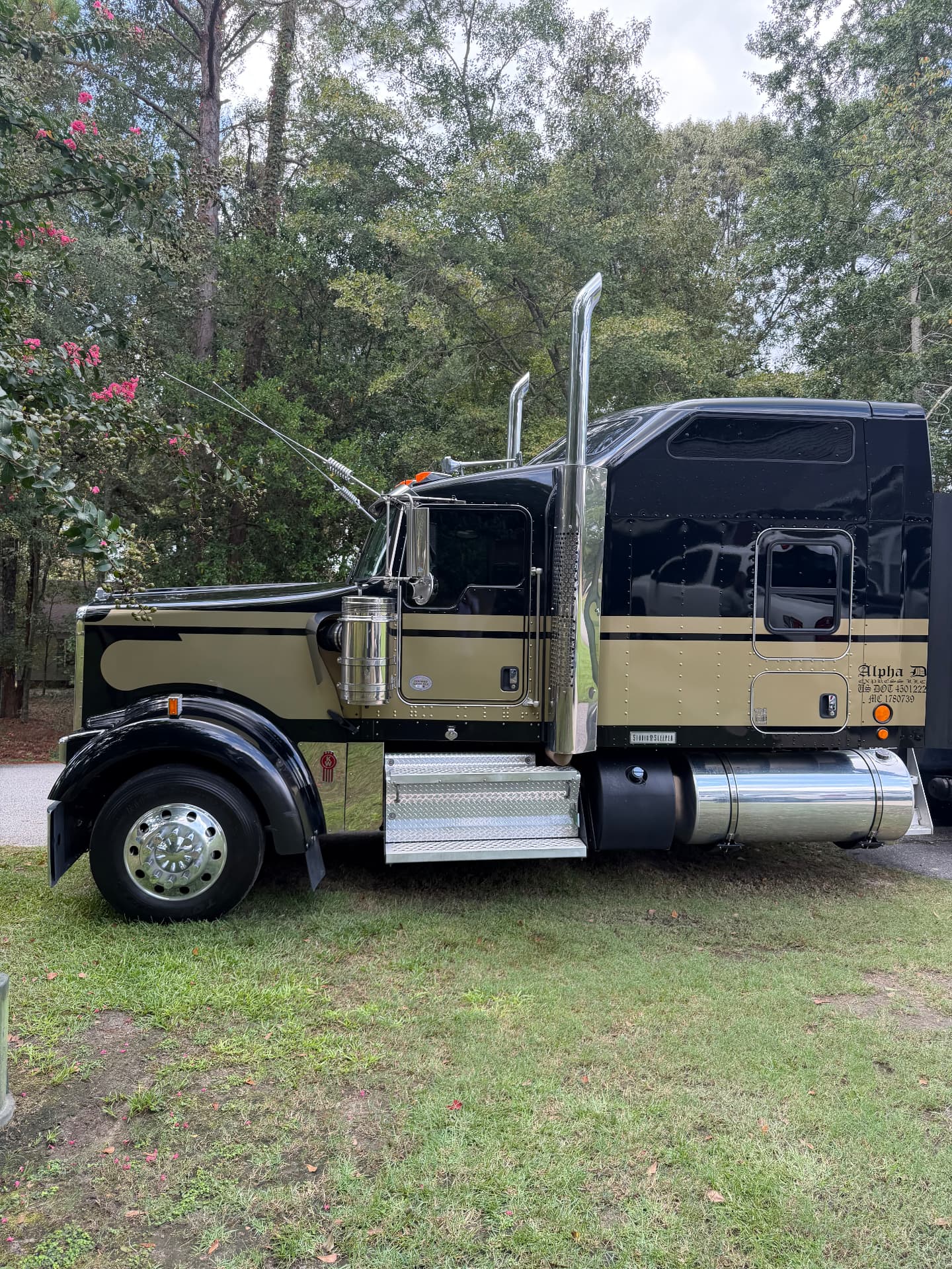 Black and gold semi-truck cab showing its side window